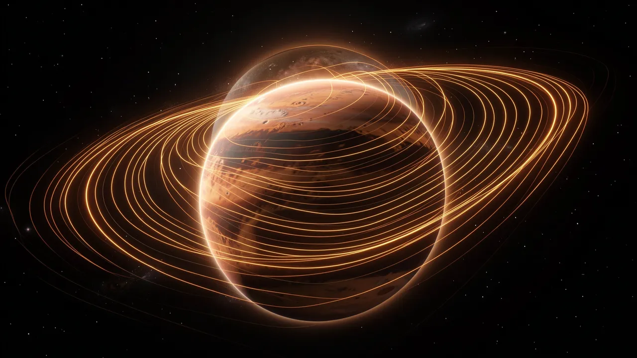 Glowing curved spacetime lines orbit a rocky planet against a dark starry space background