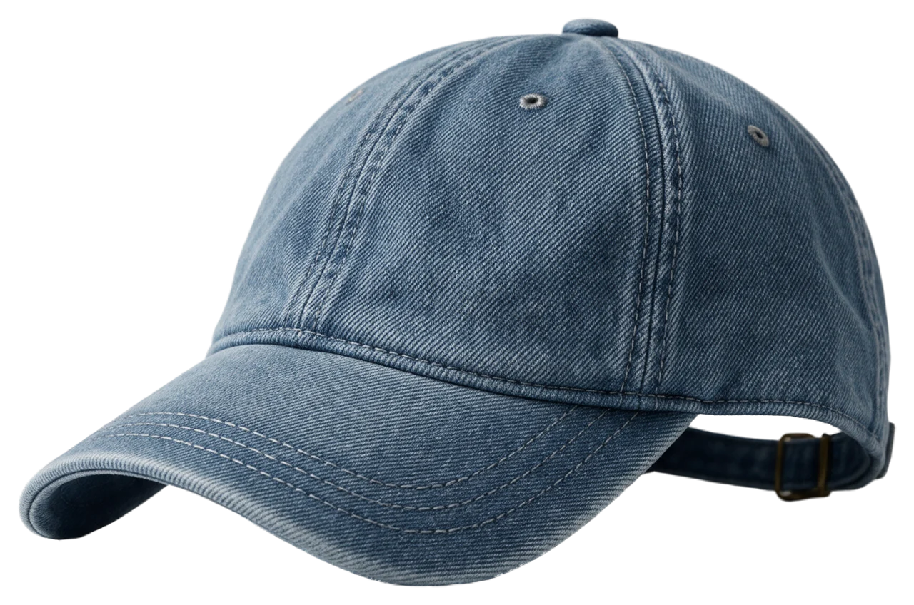 Front angled view of a plain washed light blue denim baseball cap