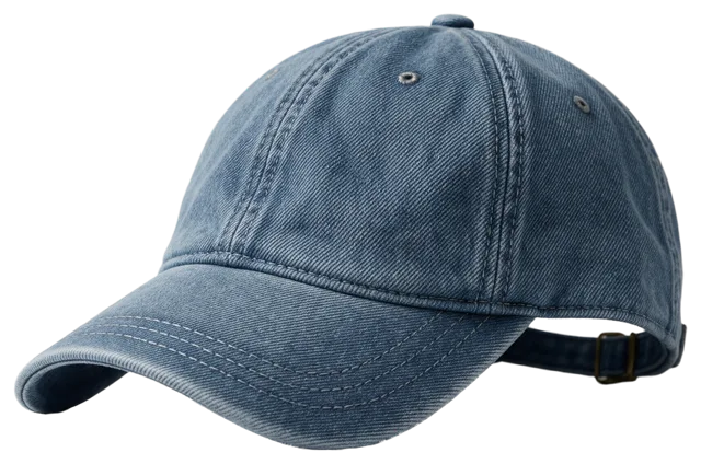 Front angled view of a plain washed light blue denim baseball cap