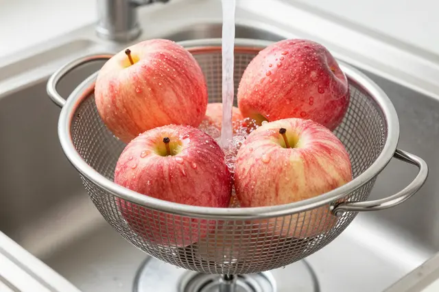 Running water pours over red apples in a metal colander inside a stainless steel kitchen sink