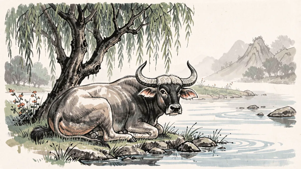An ink wash painting of a resting water buffalo beside a willow tree along a calm river with distant misty mountains.
