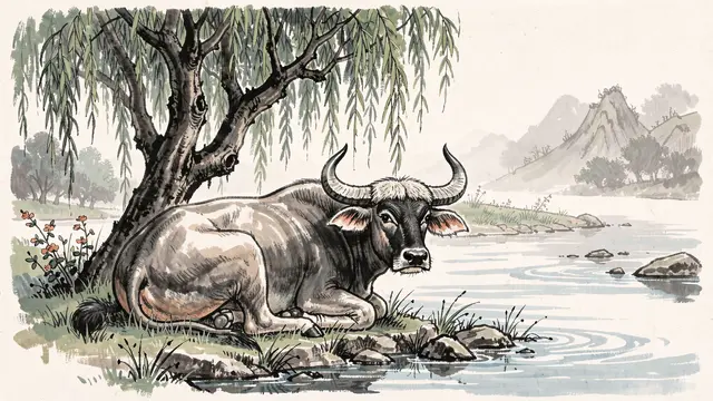 An ink wash painting of a resting water buffalo beside a willow tree along a calm river with distant misty mountains.