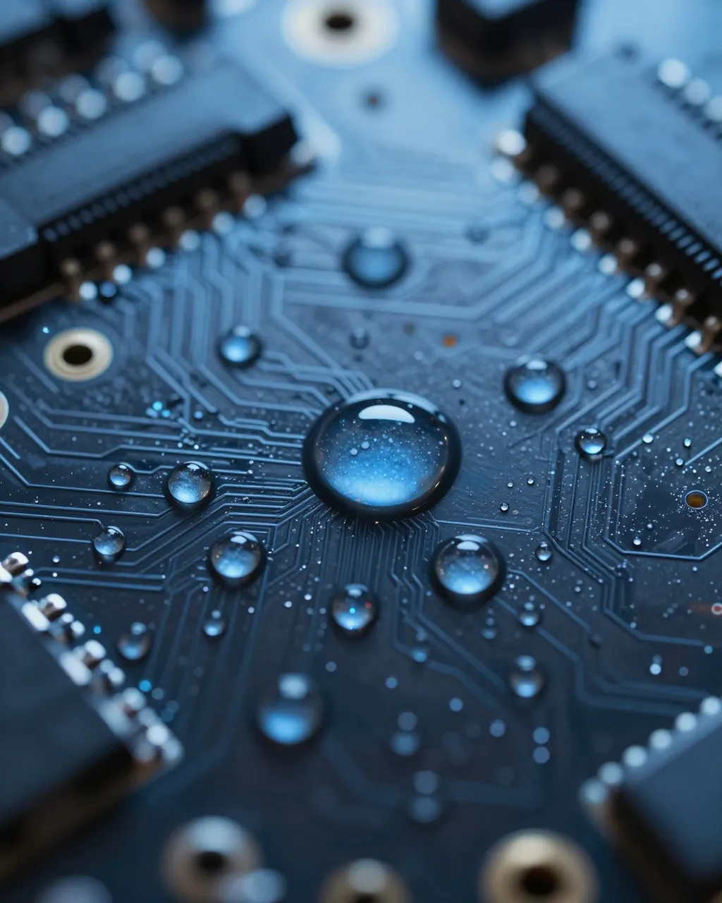 Macro close-up of beaded water droplets resting on a dark circuit board lit with cool blue light