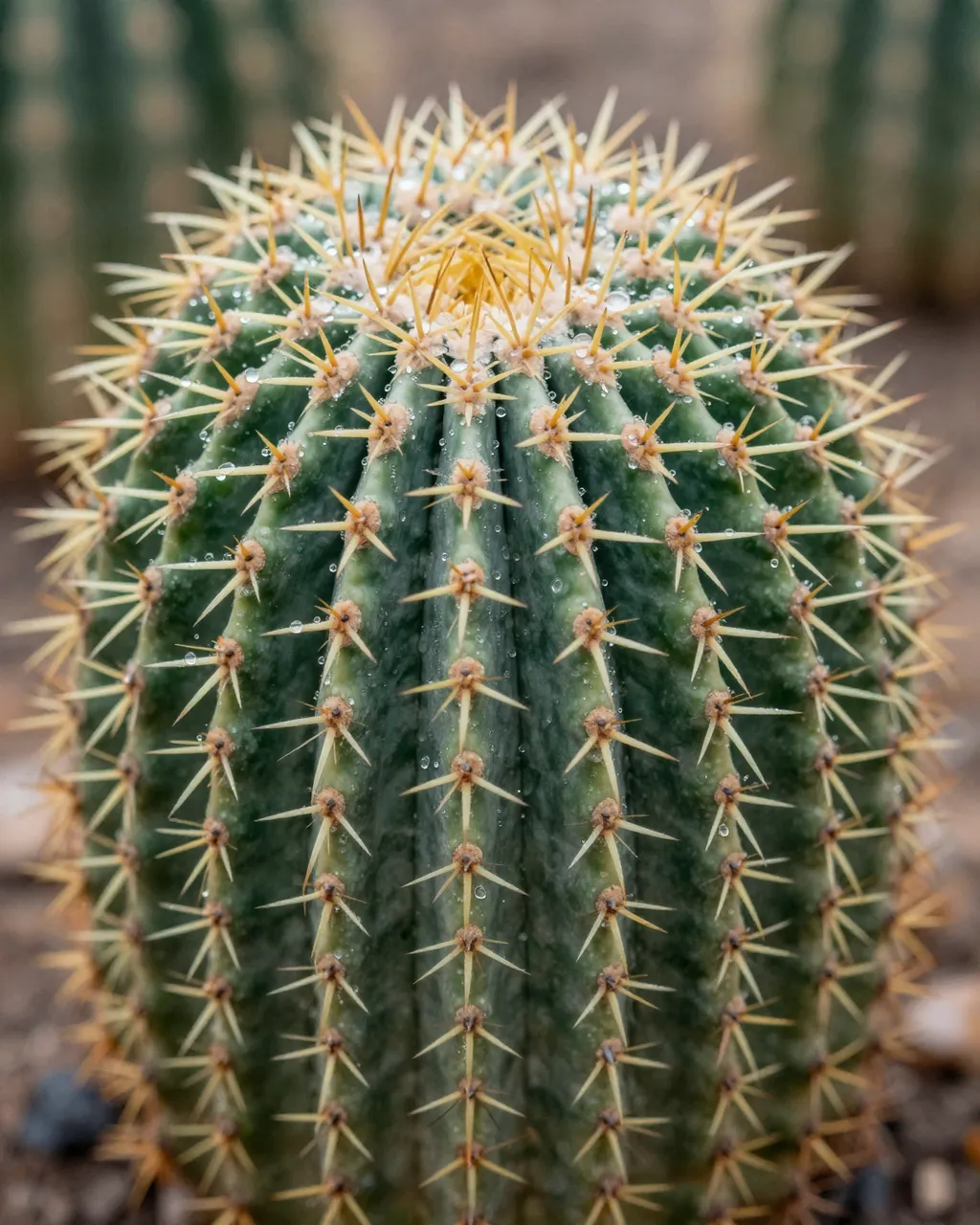 Macro close-up of a round barrel cactus with clear water droplets clinging to its spines after desert rain