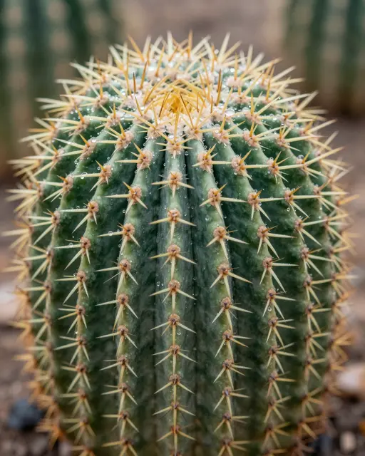 Macro close-up of a round barrel cactus with clear water droplets clinging to its spines after desert rain