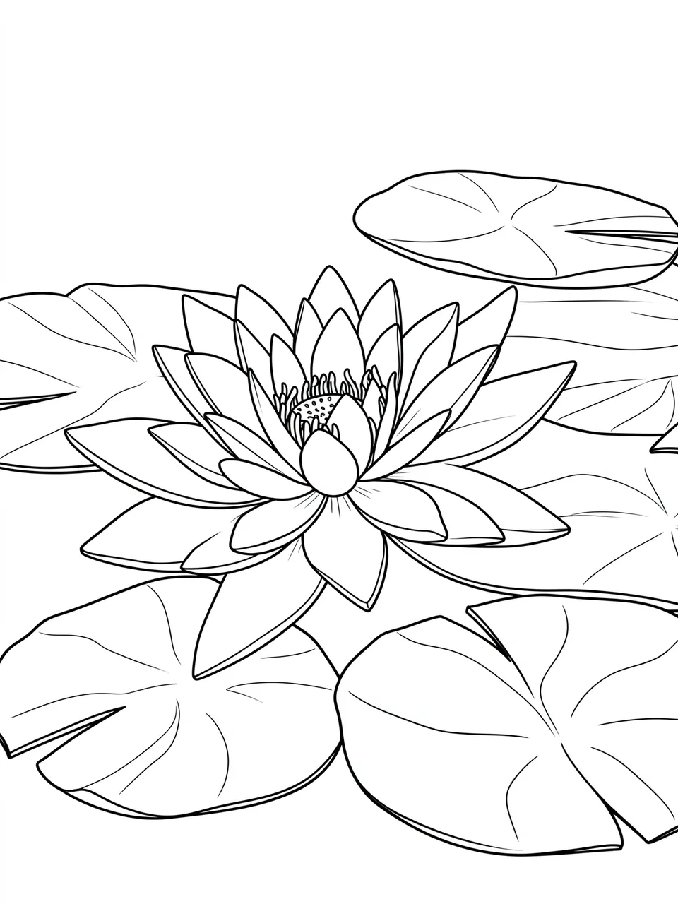 Clean black line drawing of a blooming water lily surrounded by lily pads on a white background