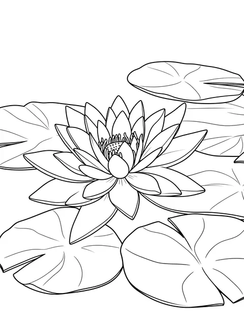 Clean black line drawing of a blooming water lily surrounded by lily pads on a white background