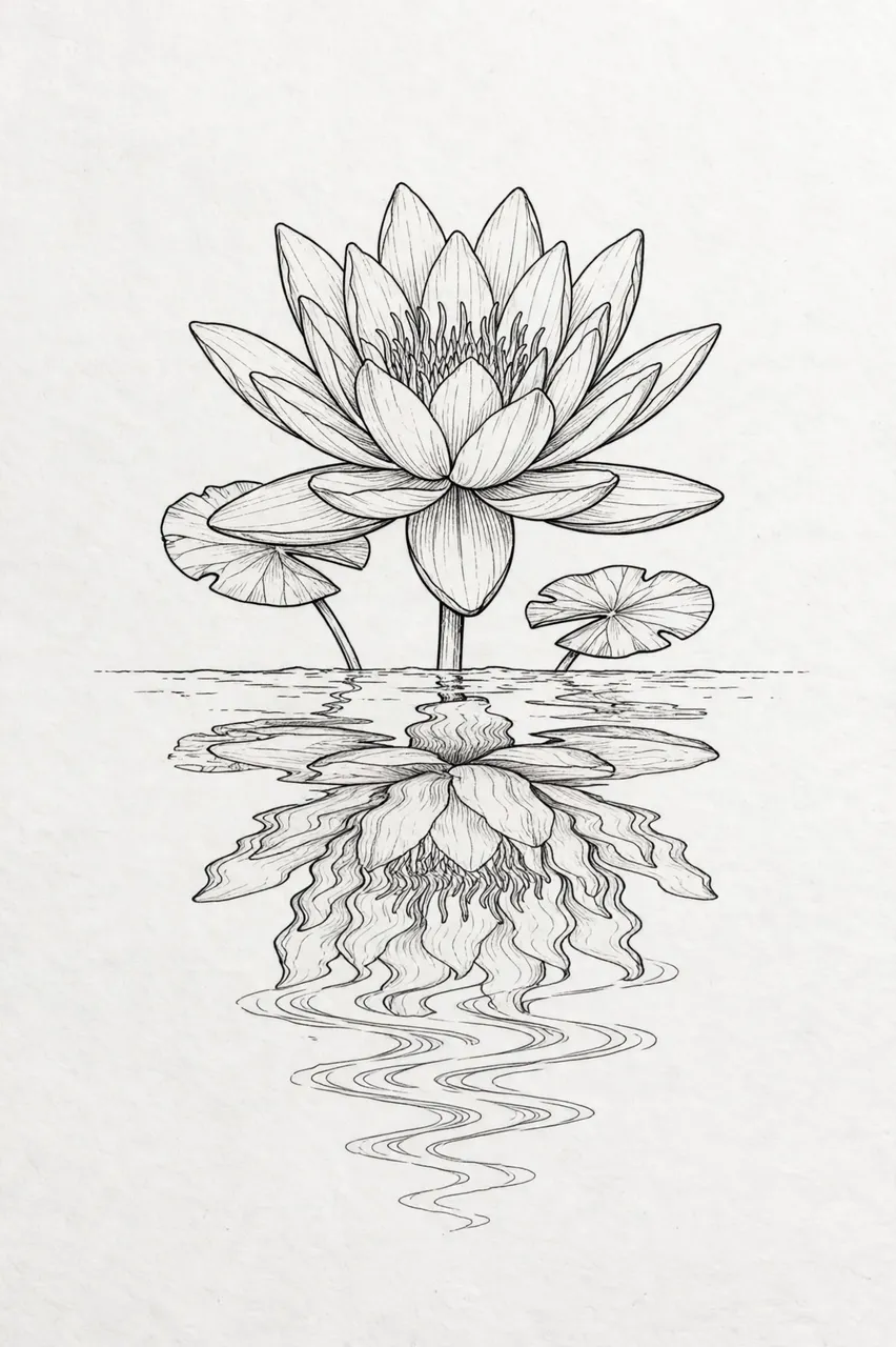 Fine line ink drawing of an open water lily with rippled reflection below a thin waterline on plain paper