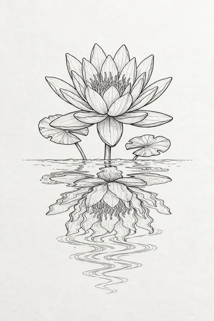 Fine line ink drawing of an open water lily with rippled reflection below a thin waterline on plain paper