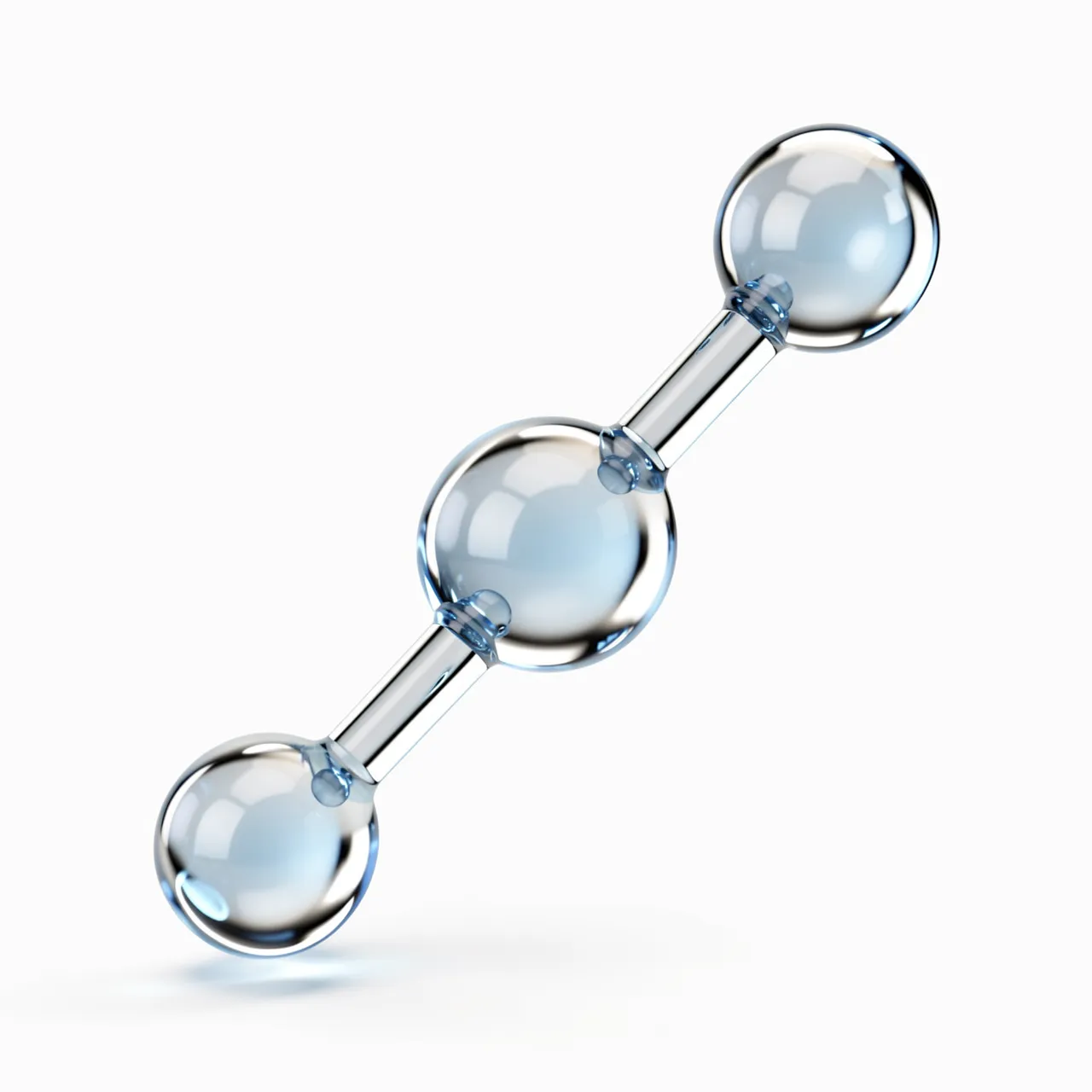 Glassy translucent 3D model of a water molecule against a plain white background