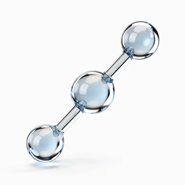 Glassy translucent 3D model of a water molecule against a plain white background
