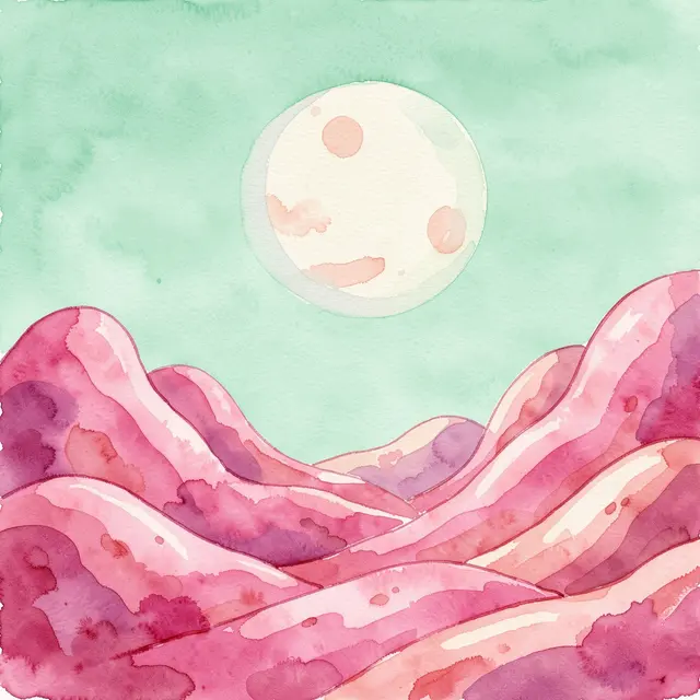 A watercolor alien landscape with rounded pink hills under a pale planet and mint sky