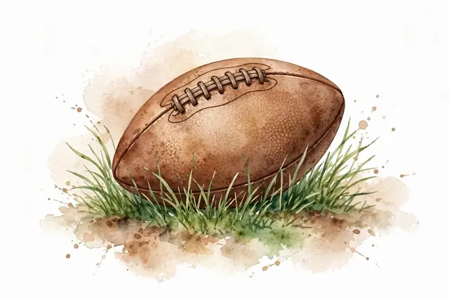 A watercolor illustration of a brown vintage American football resting on tufts of green grass against a white background