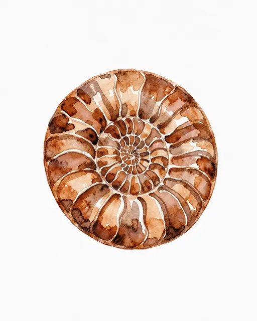Warm brown watercolor illustration of a cross-section ammonite fossil on white textured paper