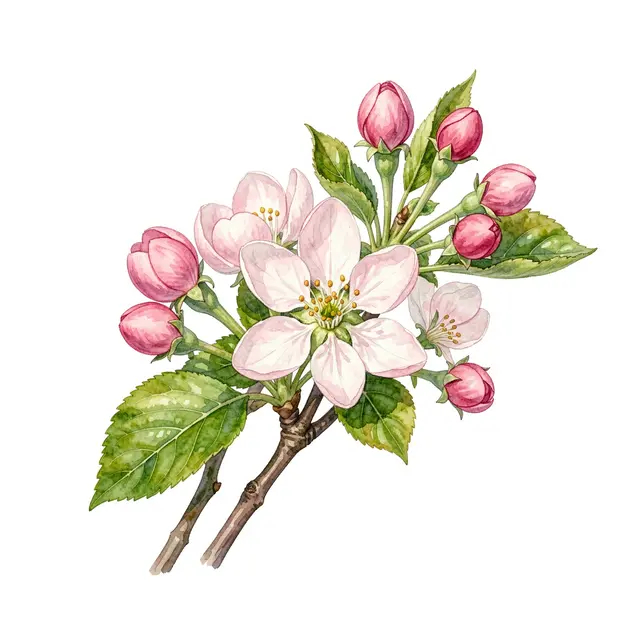 Watercolor illustration of an apple blossom sprig with open flowers and pink buds on a plain white background