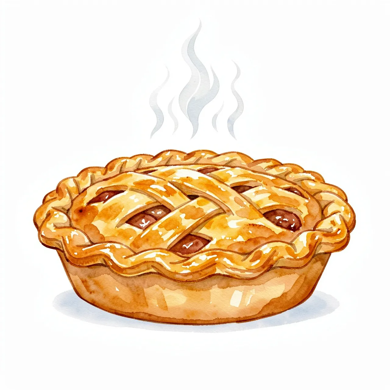 A watercolor illustration of a freshly baked apple pie with a golden lattice crust and rising steam on a plain white