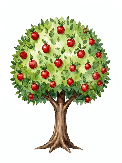A watercolor illustration of a rounded leafy apple tree dotted with red apples on a plain white background