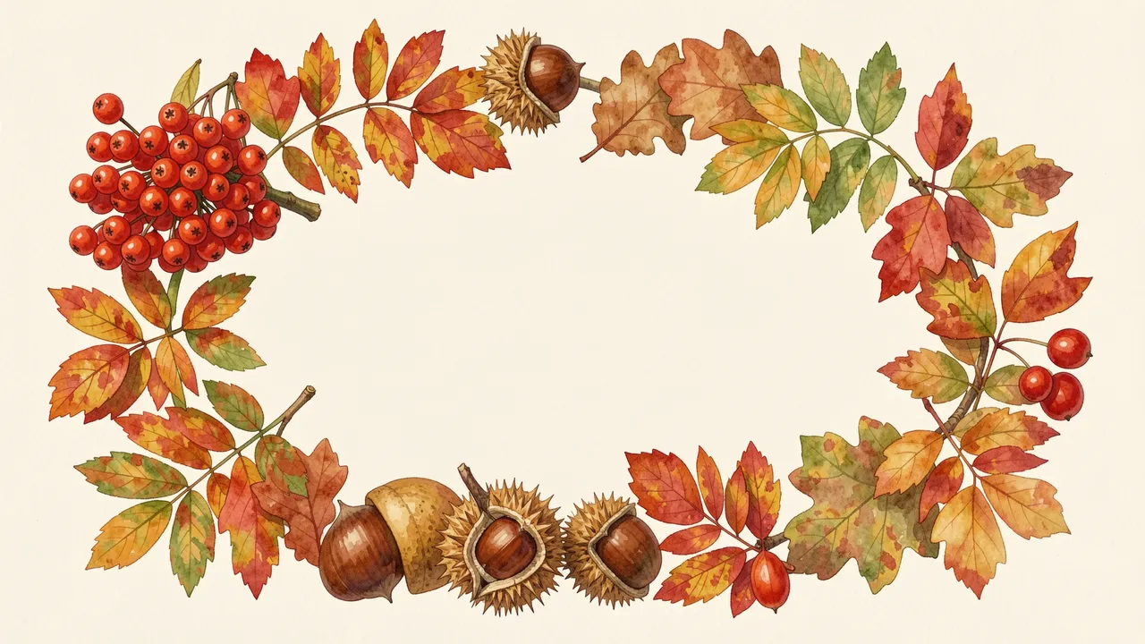 A watercolor oval frame of rowan berries, autumn leaves and chestnuts surrounds an empty cream copy space