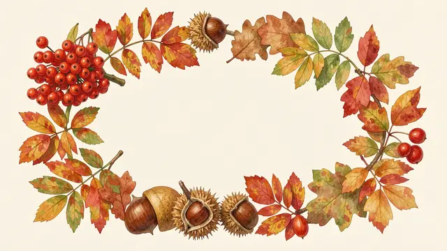 A watercolor oval frame of rowan berries, autumn leaves and chestnuts surrounds an empty cream copy space