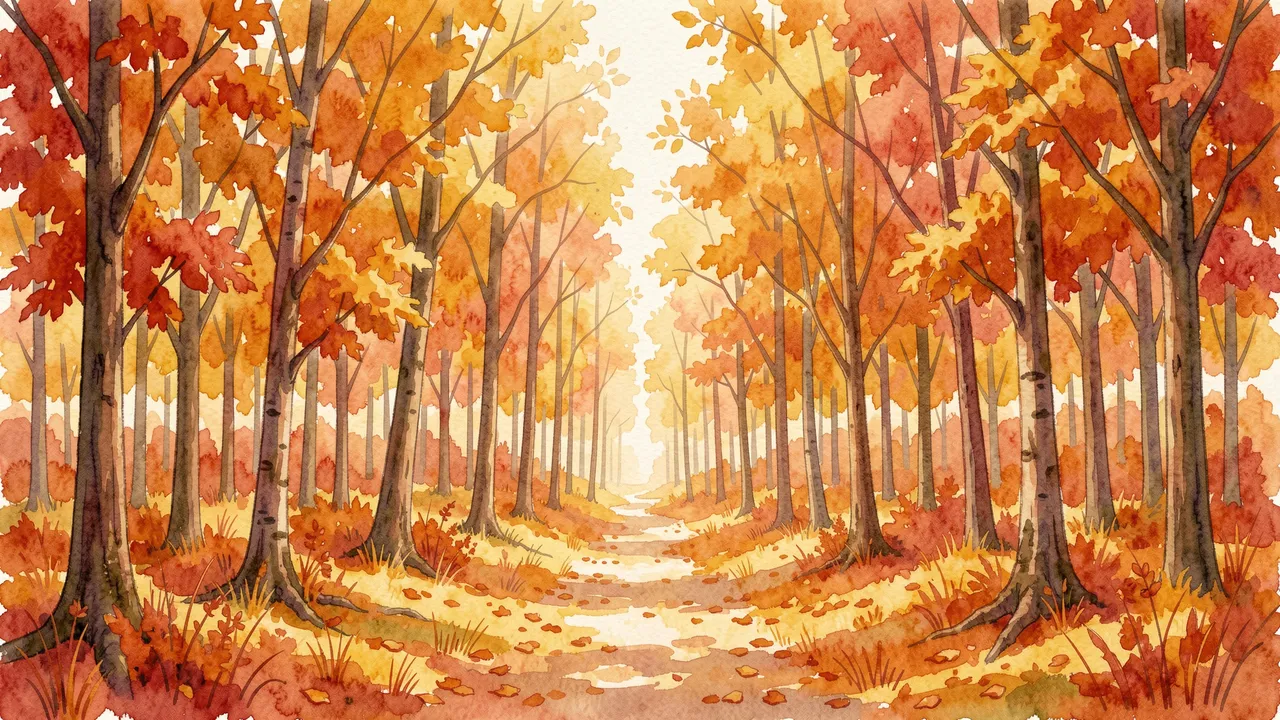 Warm watercolor illustration of a dirt path winding through a vibrant autumn deciduous forest