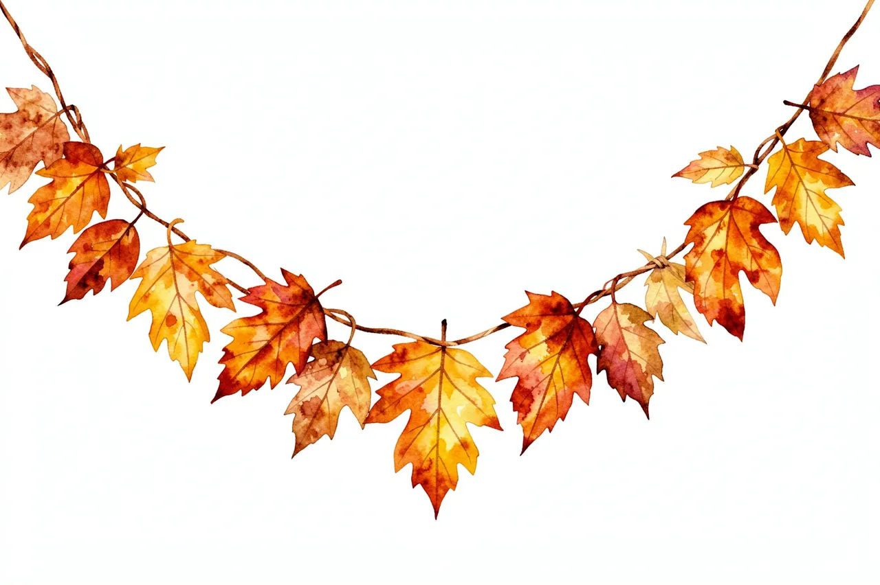 A curved watercolor garland of rust, amber and ochre autumn leaves against a plain white background