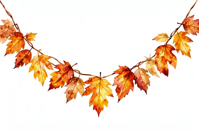 A curved watercolor garland of rust, amber and ochre autumn leaves against a plain white background
