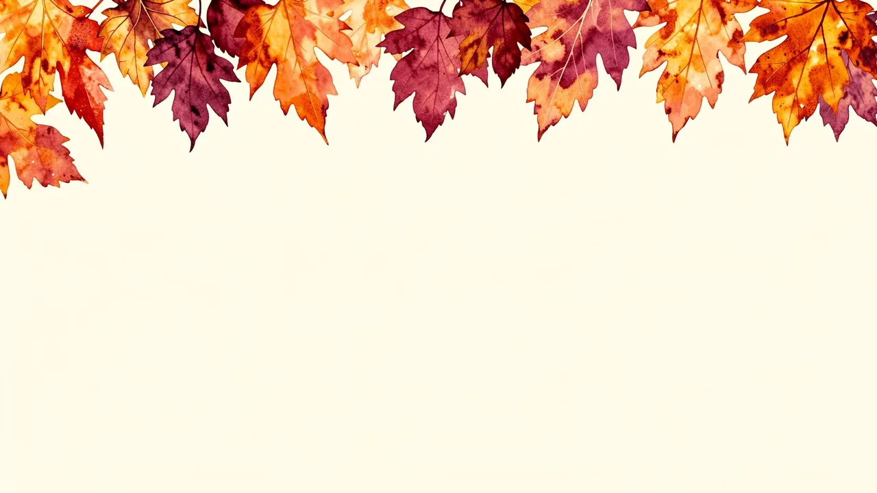 A top border of amber and burgundy watercolor fall leaves sits over a pale cream copy space background