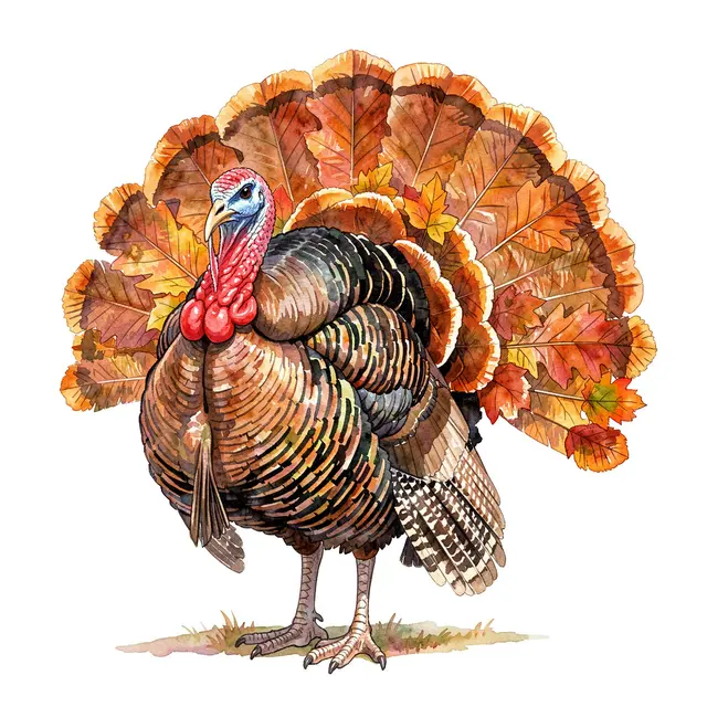 A watercolor illustration of a turkey with a fan of autumn leaves as its tail feathers, standing on a small patch of grass.