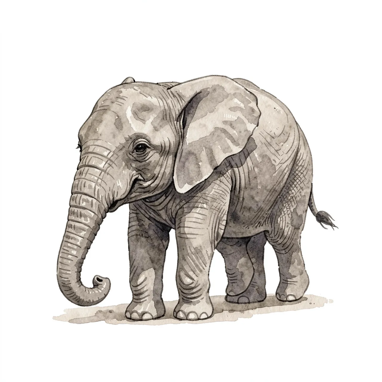 Dusty gray watercolor clipart of a baby elephant standing on a plain white background