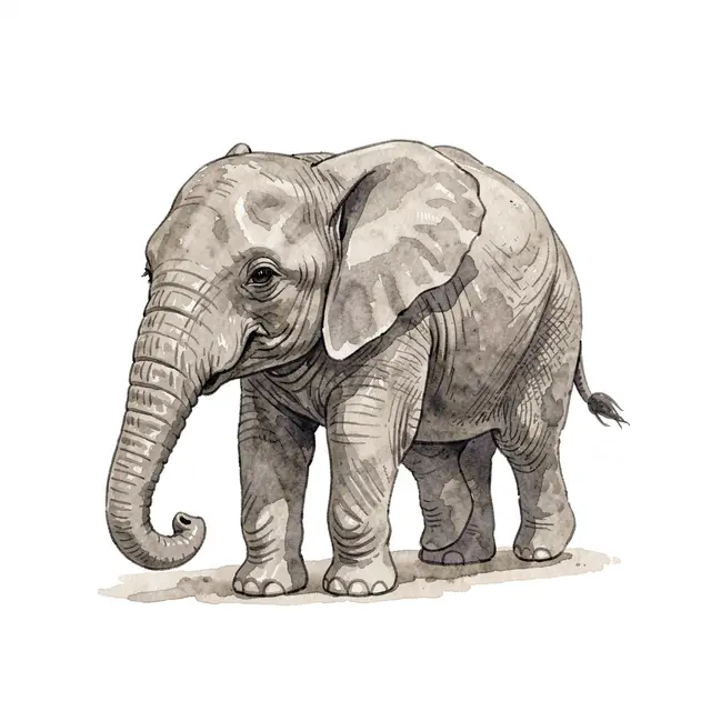 Dusty gray watercolor clipart of a baby elephant standing on a plain white background