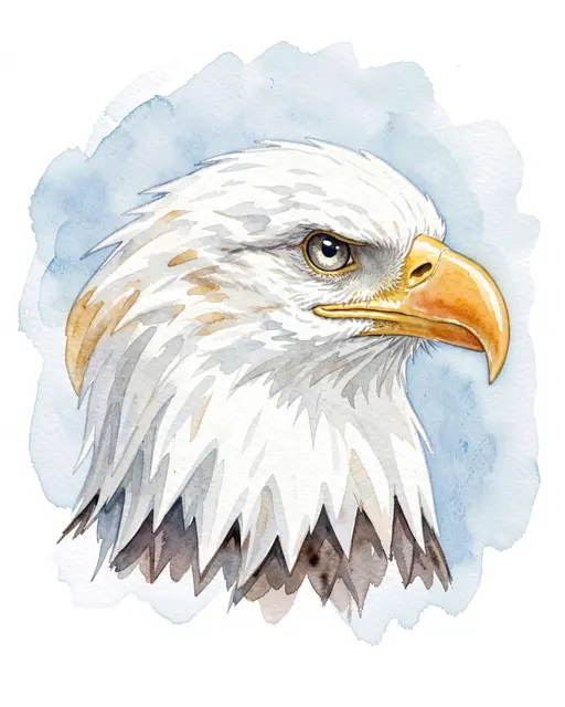 Profile watercolor illustration of a bald eagle head against a soft pale blue watercolor wash background