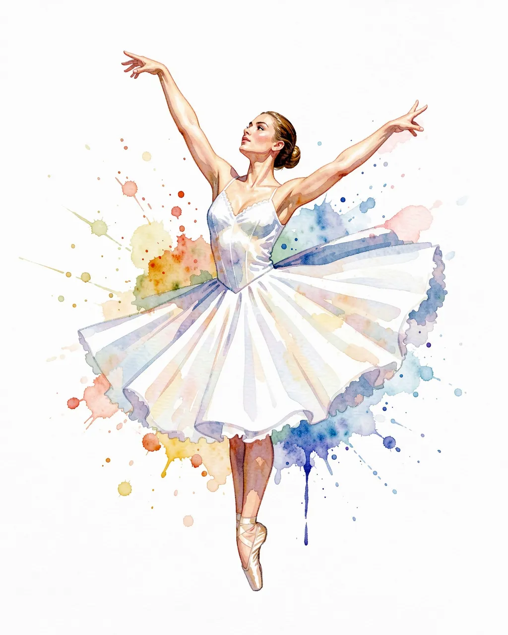 Watercolor illustration of an adult ballerina en pointe in a flowing white tutu with colorful paint splashes