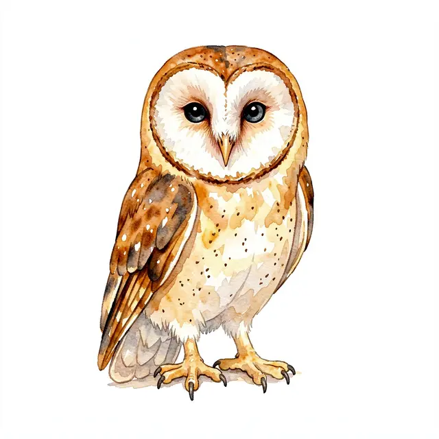 A delicate watercolor illustration of a barn owl with a distinct heart-shaped facial disc on a plain white background.