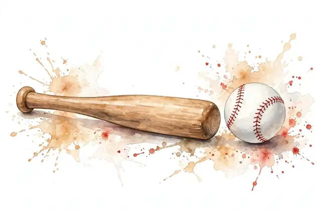 A watercolor illustration of a plain wooden baseball bat resting beside a stitched white baseball with tan and red paint