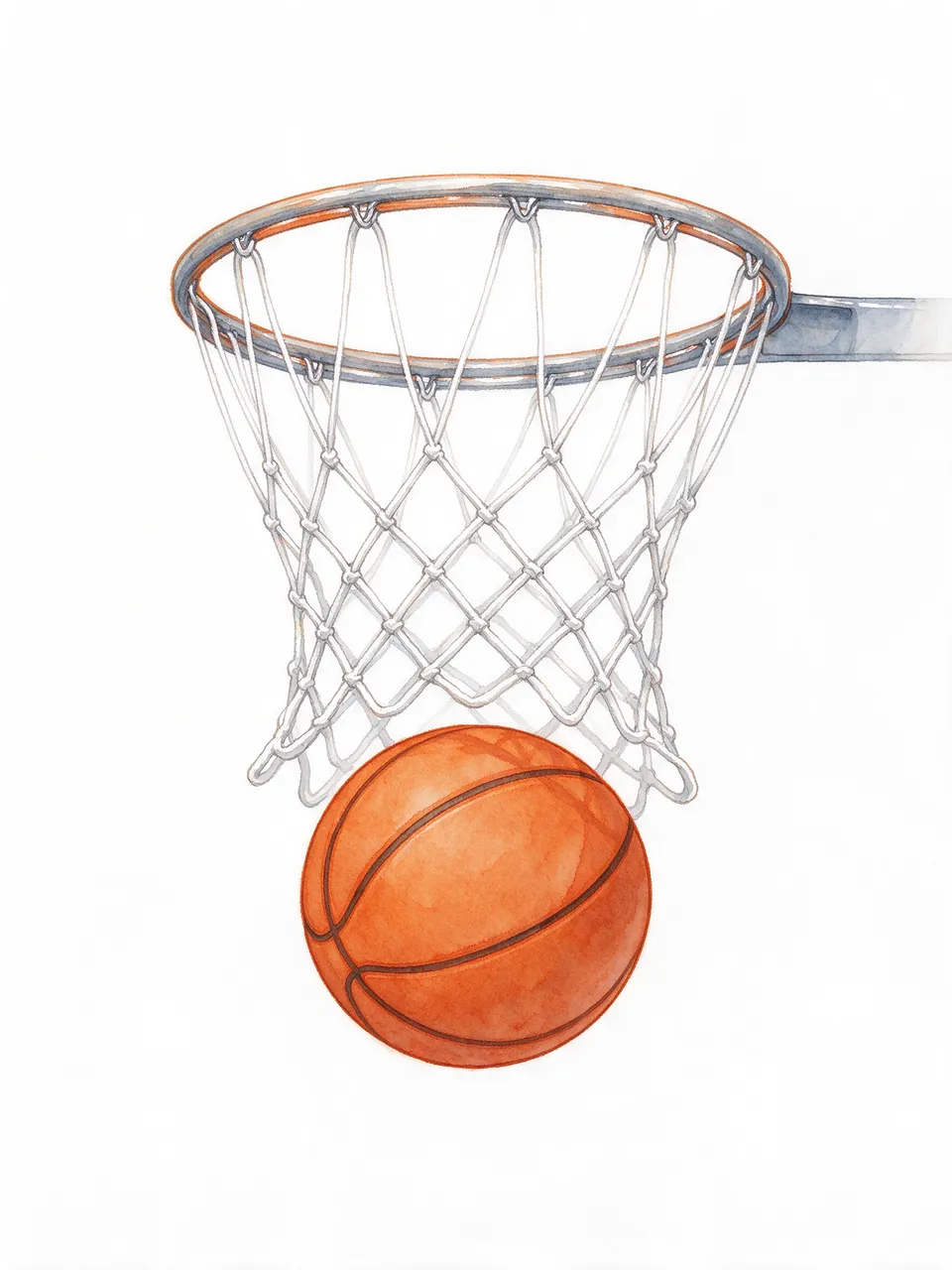 Orange basketball dropping through a white basketball hoop net in a soft watercolor illustration on a plain white background