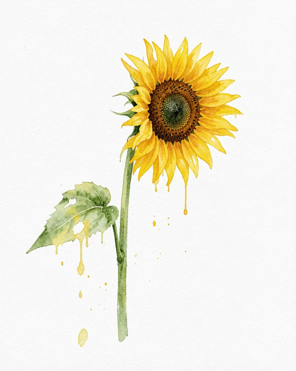 Loose watercolor illustration of a single bending sunflower with dripping yellow paint washes on textured white paper