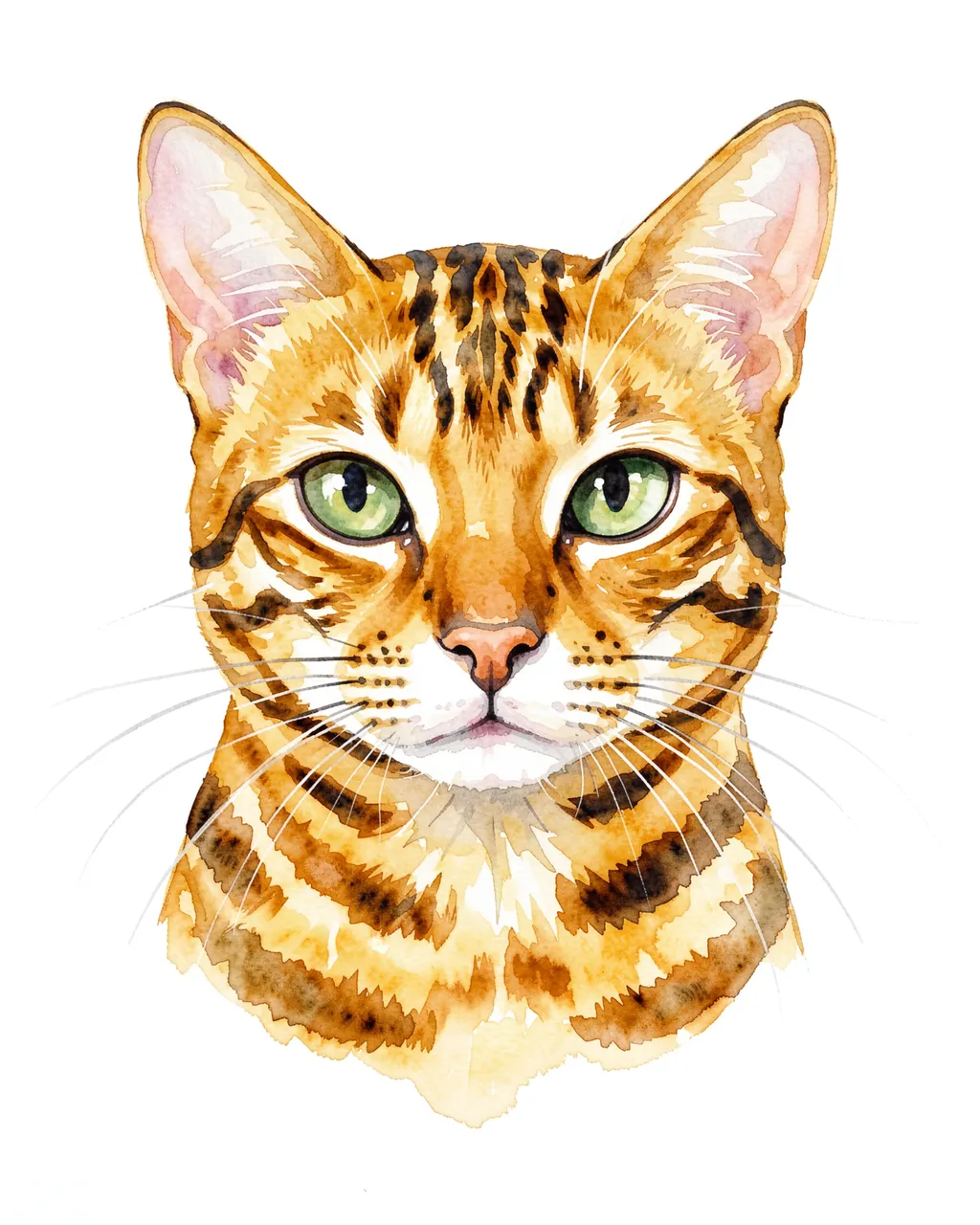 Watercolor close-up portrait of a Bengal cat head with green eyes against a plain white background