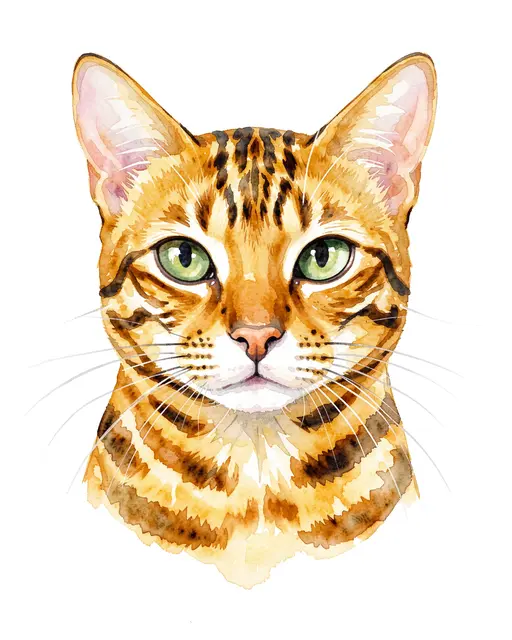 Watercolor close-up portrait of a Bengal cat head with green eyes against a plain white background