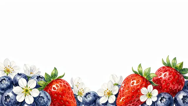Watercolor illustration of strawberries, blueberries, and white blossoms arranged along the bottom edge of a blank white