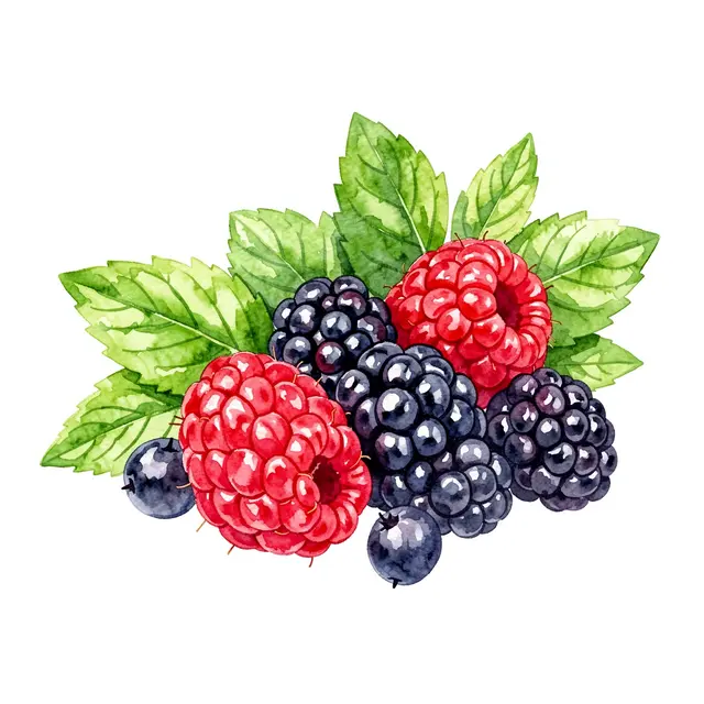 Watercolor illustration of raspberries, blackberries, and mint leaves on a plain white background