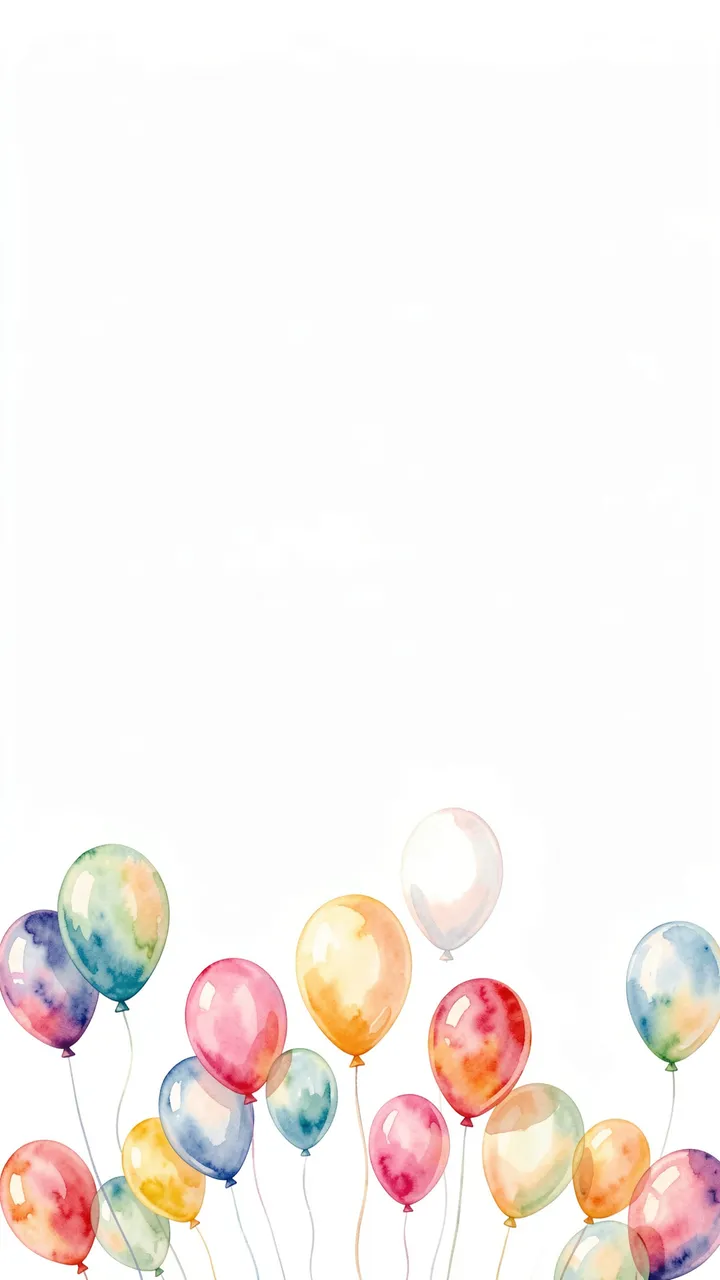 Soft watercolor balloons cluster at the bottom of a vertical frame with empty white copy space above