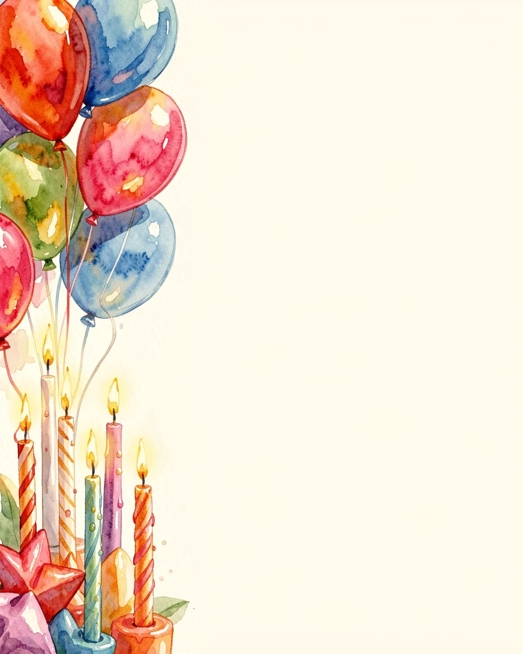 Lit birthday candles and colorful balloons line the left edge with blank cream copy space on the right.