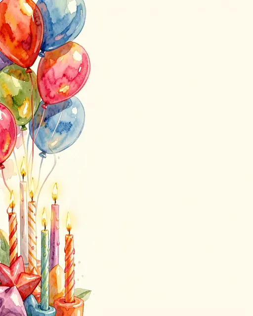 Lit birthday candles and colorful balloons line the left edge with blank cream copy space on the right.
