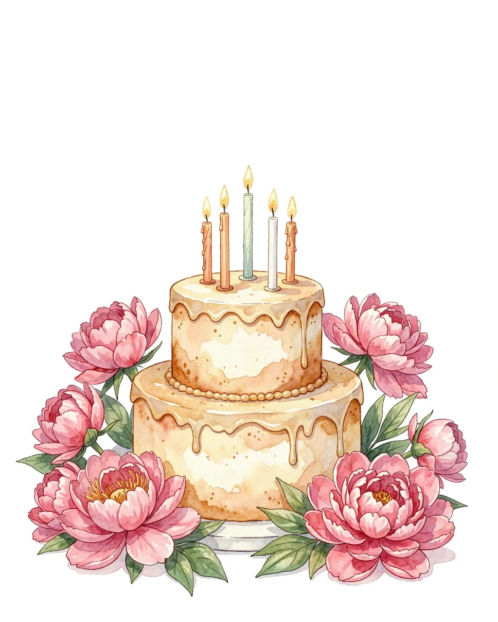 A two-tiered frosted birthday cake with lit candles surrounded by pink peonies against blank white space