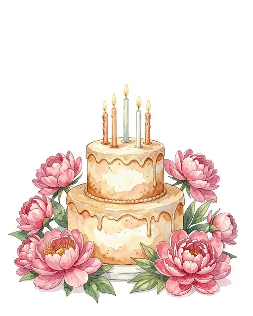 A two-tiered frosted birthday cake with lit candles surrounded by pink peonies against blank white space