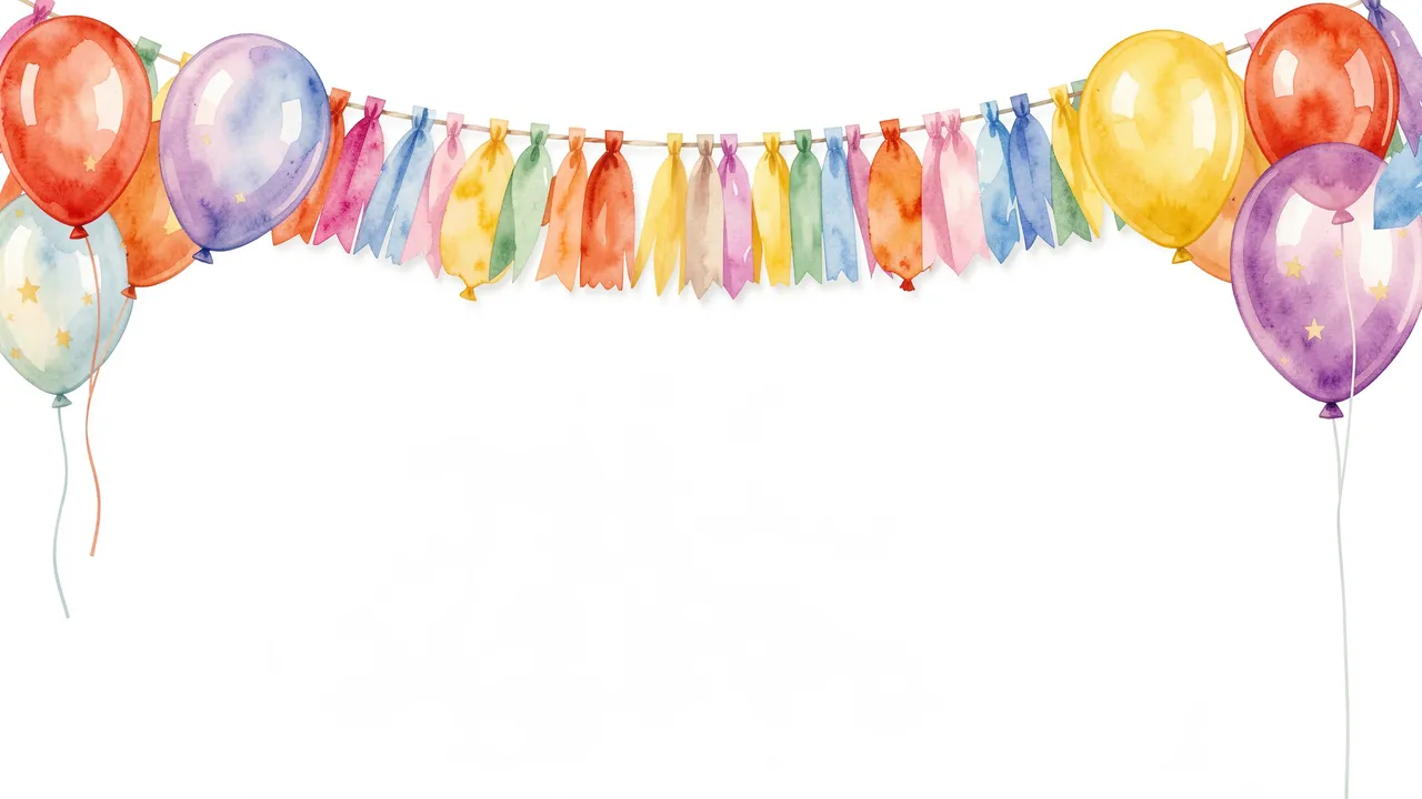 Colorful watercolor balloons and a tassel garland span the top of a plain white empty background
