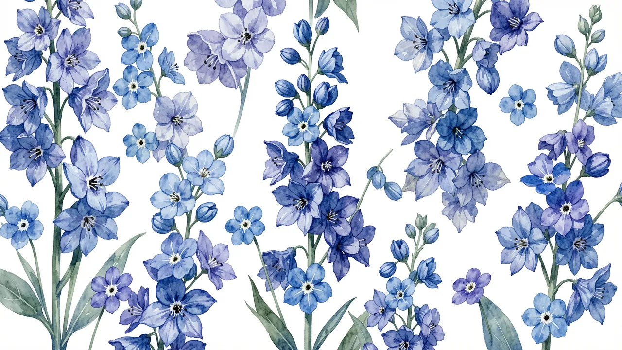 Loose watercolor delphiniums and forget-me-nots in cobalt and periwinkle arranged across a bright white background