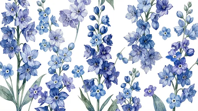 Loose watercolor delphiniums and forget-me-nots in cobalt and periwinkle arranged across a bright white background