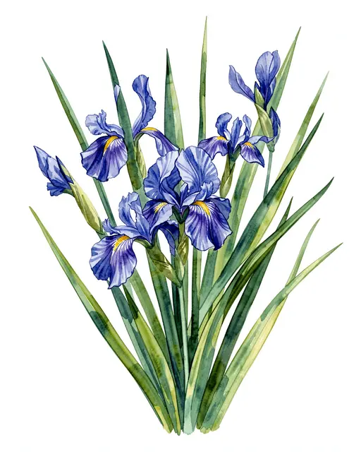 Watercolor illustration of blue iris flowers with long sword-shaped green leaves on a plain white background