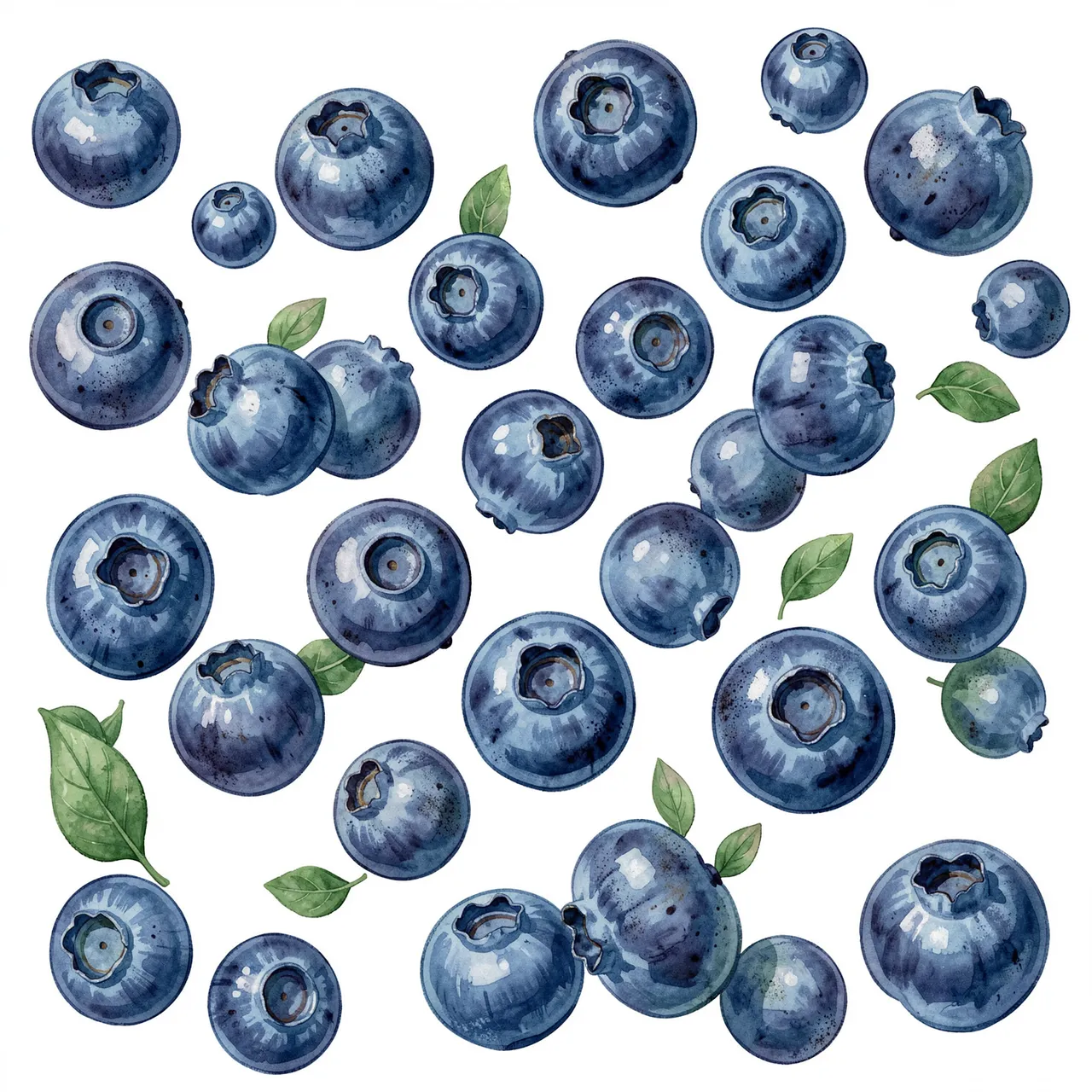 Hand-painted uneven blueberries and small green leaves scattered across a plain white background